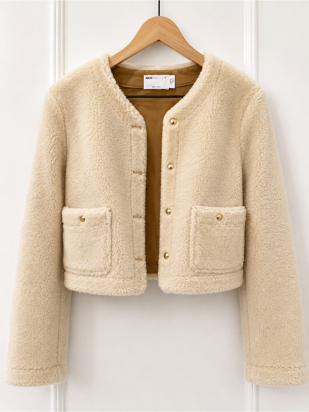 ASOS DESIGN Teddy Borg Jacket Cream Cropped Button Front Women’s US 2